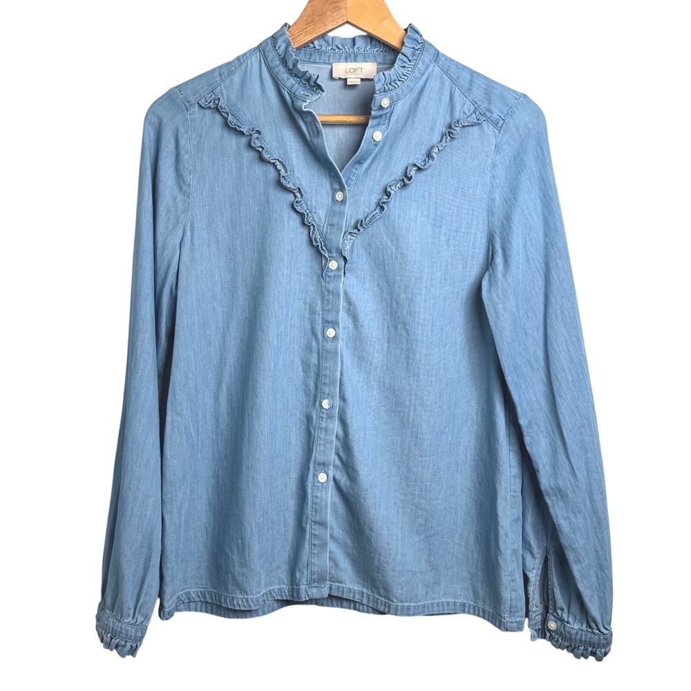 Loft Ruffle Trim Denim Shirt Top Button‎ Down Blouse XS Women's